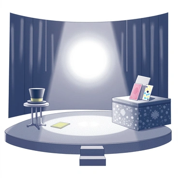 A stage designed for a magician's performance is set with various props arranged neatly. There are colorful cards, a top hat placed on a small table, and a large, ornate box with intriguing patterns. A spotlight is focused on an empty space at the center of the stage, creating a stark contrast with the surrounding darkness. The atmosphere suggests anticipation, as if an invisible man might appear at any moment. The wooden floor of the stage is polished and reflects the light from the spotlight, adding to the scene's dramatic effect.