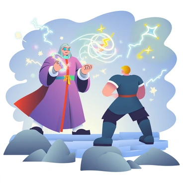 A magical duelist with long flowing purple robes is standing in the center of a rocky battlefield, facing an opponent. The duelist has silver hair and vibrant blue eyes that glow with power. In their right hand, they are holding a shimmering wand, while their left hand is raised, casting a spell that creates a swirl of colorful energy. Bright sparks and mystical symbols are swirling around them, illuminating the scene. The opponent, clad in dark armor, stands across from the duelist, preparing to counter the spell. The sky above is a mix of swirling dark clouds and vibrant flashes of lightning, enhancing the intensity of the showdown.