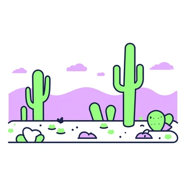 A vast desert landscape stretches across the scene. In the foreground, several towering cacti rise prominently against the horizon. The cacti have distinct shapes and sizes, some with tall, slender trunks and others with a more rounded appearance. The ground is sandy and dotted with small rocks and sparse vegetation. In the background, distant sand dunes create a gentle undulation, while a few wispy clouds float in the sky above. The sunlight casts long shadows from the cacti, highlighting their unique silhouettes against the desert backdrop.