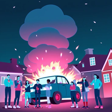 A car explosion in a small village at night with villagers looking on in shock