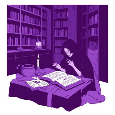 A dark-haired witch wearing a deep purple cloak is seated at a large, rustic wooden table in a dimly lit library. The table is cluttered with various ancient books, scrolls, and a flickering candle casting a soft glow. The witch is intently reading an open, large ancient book with yellowed pages and intricate illustrations. In the background, towering bookshelves filled with countless old tomes stretch towards the ceiling. A faintly illuminated globe rests in one corner, and a small cauldron sits on a nearby shelf, adding to the mystical atmosphere of the library.