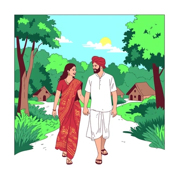 A joyful Maharashtrian couple is walking hand-in-hand through a lush green village filled with tall trees and vibrant plants. The woman is wearing a colorful traditional saree with intricate patterns, and she has a decorative bindi on her forehead. The man is dressed in a simple white kurta and dhoti, with a traditional red turban on his head. The sun is shining brightly, casting soft shadows on the ground, and there are small mud houses with thatched roofs dotting the village in the background. The couple is smiling at each other, radiating happiness as they stroll along a narrow dirt path.