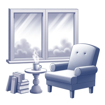 A cozy reading nook is set up next to a window. The window offers a view of an evening sky, filled with intricate cloud formations. A soft chair, featuring plush upholstery, is positioned near the stack of books. The stack of books includes various sizes and orientations, some standing upright while others are leaning against them. A small side table is placed within reach of the chair, holding a steaming cup, creating a warm and inviting atmosphere for reading.