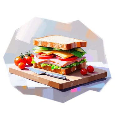 A sandwich is displayed on a wooden cutting board, featuring distinct layers that symbolize the various strata of the earth. The bottom layer consists of a dark whole grain bread, representing the earth's crust. Above it, a layer of vibrant green lettuce mimics vegetation, followed by a layer of sliced tomatoes in rich red hues, symbolizing the earth's core. Next, there are slices of creamy avocado, resembling minerals, and a layer of turkey breast that adds a beige tone, representing sediment. The top layer is a slice of bright yellow cheese, capturing the sun’s rays. The sandwich is cut in half, revealing the colorful layers inside. A small knife rests beside it, and a few cherry tomatoes are scattered around the board.