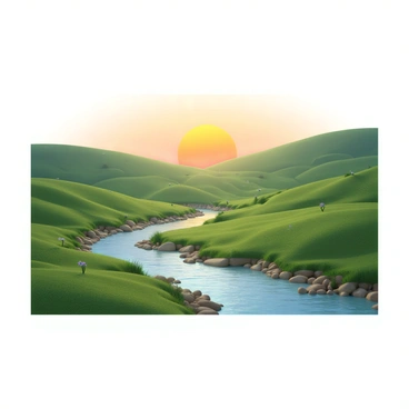 A flat 3D landscape showing rolling hills in various shades of green. The hills have gentle slopes and are dotted with patches of grass and small wildflowers. A clear river flows through the scene, reflecting the soft colors of the sky. The riverbanks are lined with small rocks and grass. In the background, a sunrise with hues of orange, pink, and yellow gradually brightens the horizon, casting a warm glow over the landscape. The overall composition is peaceful, showcasing nature in a harmonious arrangement.