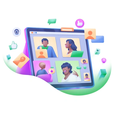 A modern pastel illustration depicting a diverse group of people participating in a virtual meeting. Each person appears on their own rectangular screen, showcasing a range of ethnicities and genders. The individuals are engaged in conversation, with some smiling and others taking notes. In the background, various social media icons such as a thumbs-up, a bird, a camera, and a chat bubble are scattered, creating a vibrant atmosphere. The overall color scheme features soft pastel tones, enhancing the theme of connectivity and collaboration.