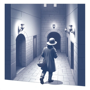 A figure of a man, identified as "Professor Shonku," is seen navigating through a dimly lit castle. He is dressed in a classic explorer's outfit, complete with a wide-brimmed hat and a satchel slung over his shoulder. The stone walls of the castle are ancient and weathered, featuring intricate carvings and remnants of past decor. Torches are mounted on the walls, casting flickering shadows that illuminate the dark hallways. The floor is made of uneven cobblestones, and various doorways lead deeper into the castle, hinting at hidden mysteries.
