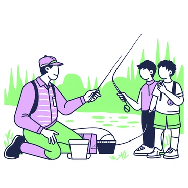 A grandfather is kneeling by a calm riverbank, demonstrating how to cast a fishing line. He has a weathered face that shows experience and wisdom, wearing a plaid shirt and a fishing hat. Next to him, his grandson, a young boy with tousled hair, watches attentively. The boy is holding a fishing rod, mimicking his grandfather’s movements. In the background, the river flows gently, surrounded by tall grass and a few trees. There are ripples in the water, suggesting the presence of fish just below the surface. A fishing tackle box sits on the ground beside them, alongside a small bucket.