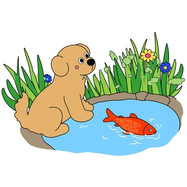 A small, fluffy puppy with light brown fur and big, expressive eyes is sitting at the edge of a garden pond. The puppy's ears are perked up as it curiously watches a bright red fish swimming gracefully through the water. The pond is surrounded by vibrant green plants and colorful flowers, creating a lively atmosphere. The water is clear, allowing the fish's scales to shimmer in the sunlight. The puppy has a playful demeanor, with its tail wagging slightly as it observes the fish's movements.
