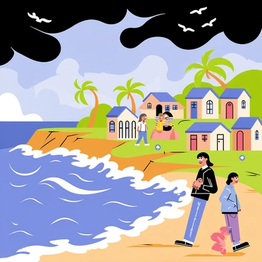 A coastal village with small, colorful houses lining the shore. The sky is filled with dark, swirling storm clouds, casting shadows over the village. The waves crash violently against the rocky coastline, and the sea appears tumultuous and choppy. Strong winds blow, causing palm trees to bend and sway. Villagers are seen hurriedly securing their belongings, with expressions of concern on their faces. Seagulls fly overhead, struggling against the wind. The atmosphere is tense as the storm looms ever closer.