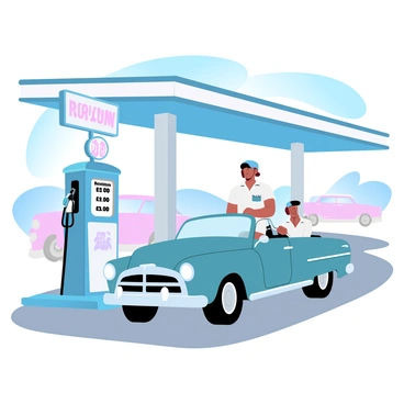 A classic gas station features old-fashioned gas pumps with chrome accents and vibrant colors, standing under a retro canopy. Two attendants in crisp uniforms, complete with caps, are engaged in filling a vintage automobile with fuel. The scene is enriched with details like a weathered sign displaying fuel prices, colorful roadside advertisements, and classic cars parked nearby. The backdrop includes a clear blue sky, enhancing the nostalgic feel of the setting.