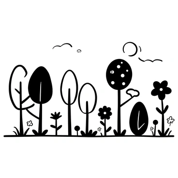 A landscape filled with various trees, standing tall and arranged in a manner that outlines a mathematical formula. Different types of flowers are interspersed between the trees, each type contributing to the overall shape of the formula. The ground is covered with grass, enhancing the composition. The sky above is clear, providing a stark backdrop to the intricate arrangement below.