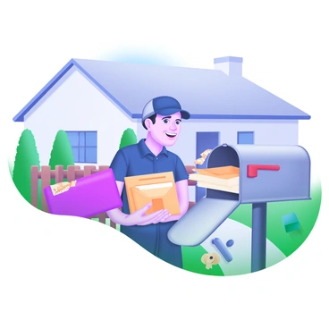 A mail carrier is standing outside a suburban home, holding a stack of colorful envelopes labeled "Election Ballots." The carrier is wearing a navy-blue uniform and a cap, with a friendly smile on their face. The mailbox next to the house is slightly open, revealing more envelopes inside. In the background, there are neatly trimmed hedges and a clear blue sky. A small dog can be seen peeking through the fence, adding a touch of liveliness to the scene.
