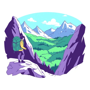 A rugged mountain trail winds through rocky terrain, with steep cliffs on either side. In the foreground, a backpacker wearing a bright yellow jacket stands on a rocky outcrop. The backpacker has a large teal backpack secured on their back and is gazing out at the expansive panoramic view. Below, valleys filled with lush greenery stretch out, and distant peaks rise sharply into the sky. The sun casts dramatic shadows across the landscape, enhancing the rugged features of the mountains surrounding the trail.