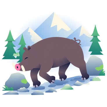 A wild boar with dark brown fur and prominent tusks is navigating carefully along a rocky mountain path. The boar's body is low to the ground, and its hooves carefully step over the uneven stones. Jagged rocks jut out from the sides of the path, and patches of green grass peek through the crevices. In the background, towering mountain peaks rise against a clear blue sky, and sparse trees dot the landscape, creating a rugged yet natural setting. The sunlight casts soft shadows, highlighting the boar's muscular form as it makes its way through the terrain.