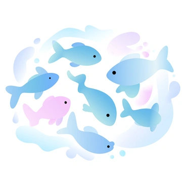 A school of fish is swimming gracefully in the ocean. Each fish has a distinct color, representing a different hue from the color wheel. The fish are arranged in a flowing pattern, creating a dynamic effect as they move together. The water surrounding them shimmers with light, reflecting the vibrant colors of the fish. The background features soft waves gently undulating, and some bubbles rise toward the surface, enhancing the underwater scene.