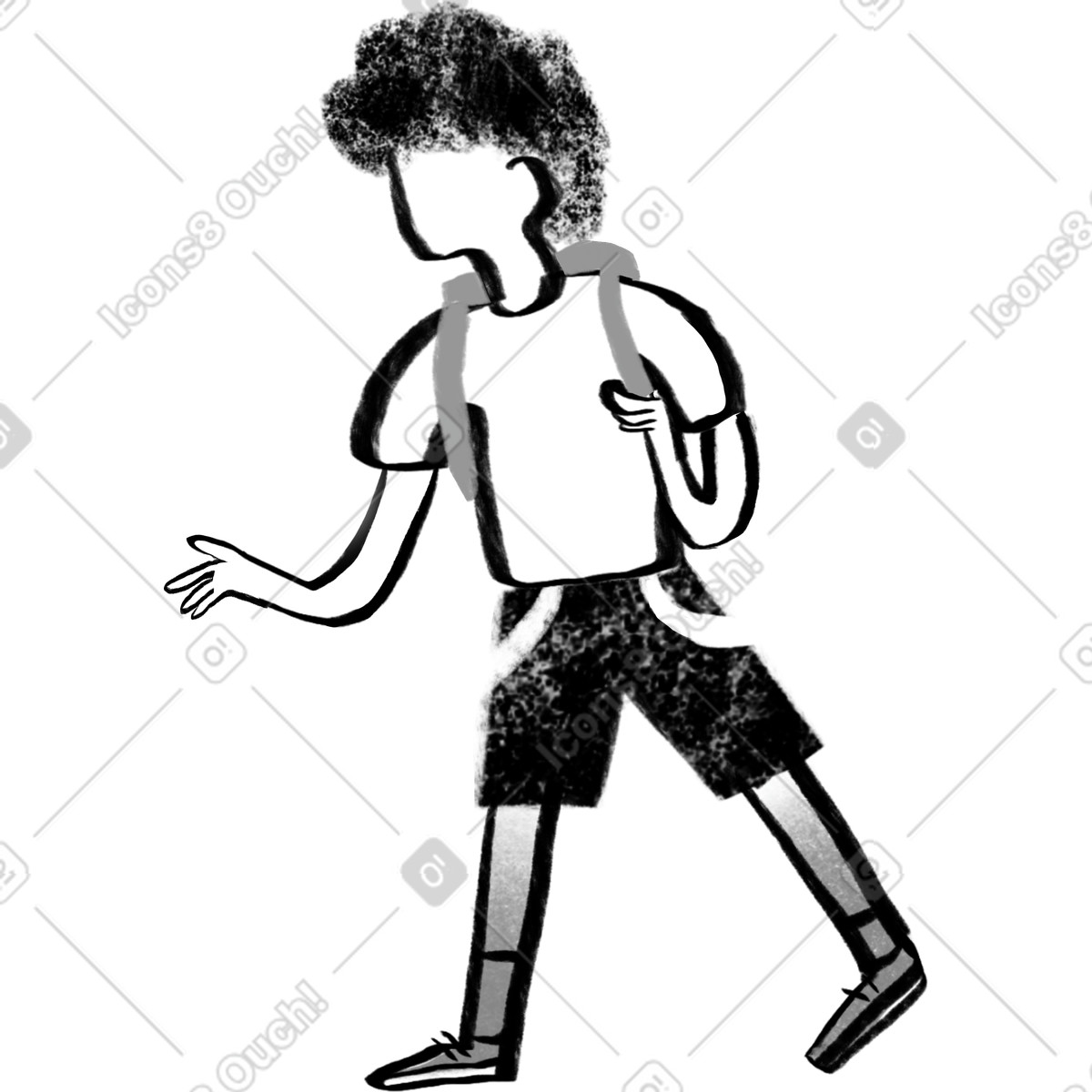 Black and white boy with curly hair walking backpack illustration in Company style download in PNG, SVG