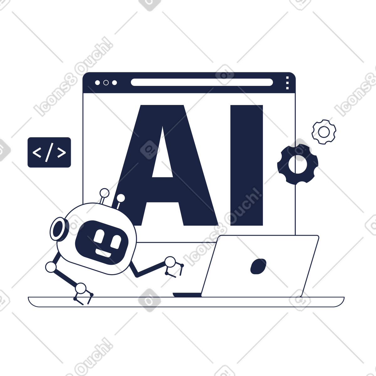 Ilustración Large ai letters and robot coding at laptop, digital innovation artificial intelligence en estilo Urban Line a descargar en PNG y SVG