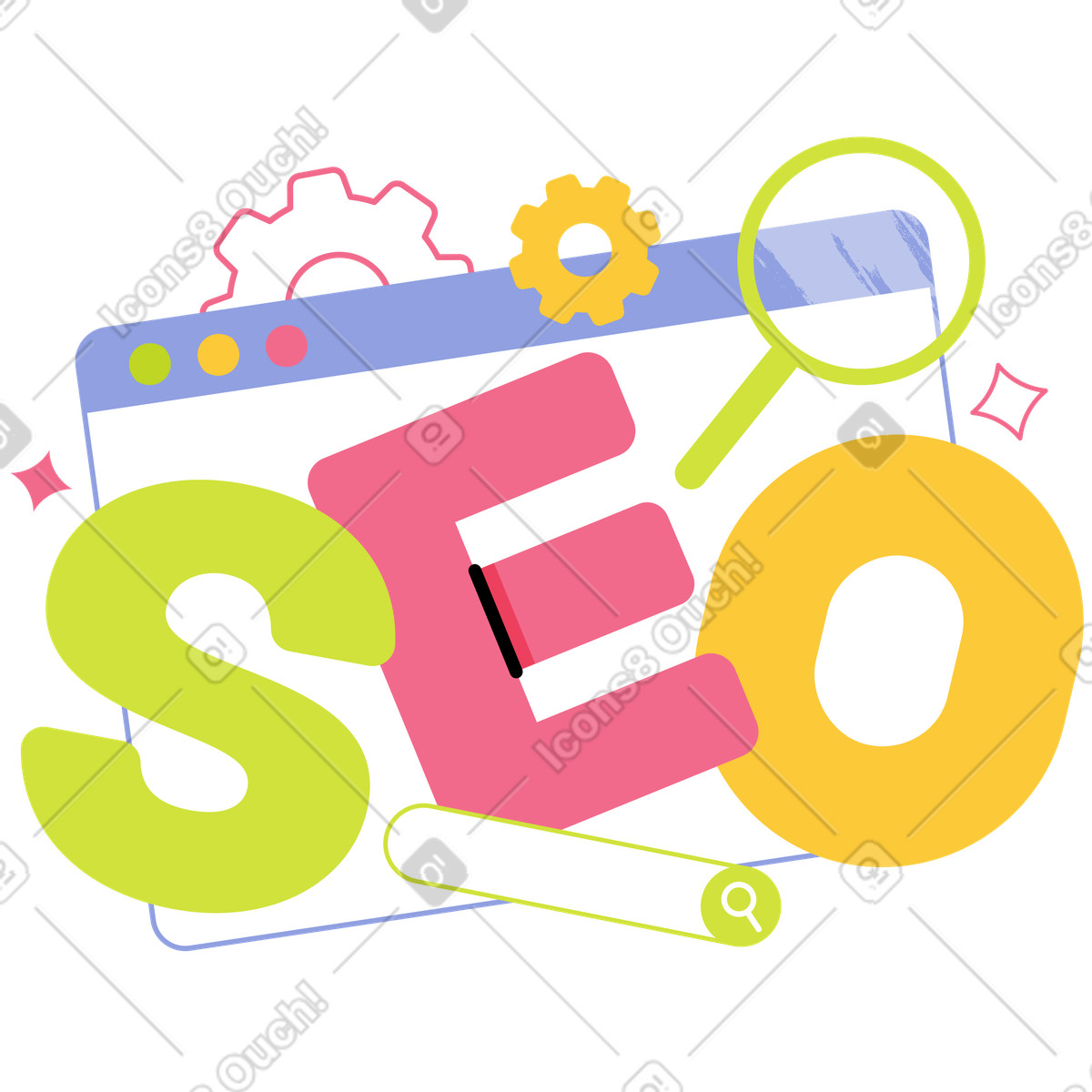 Juicy スタイルの Colorful SEO acronym with browser and gears, Search performance technical optimization のイラストをPNG、SVG形式でダウンロード