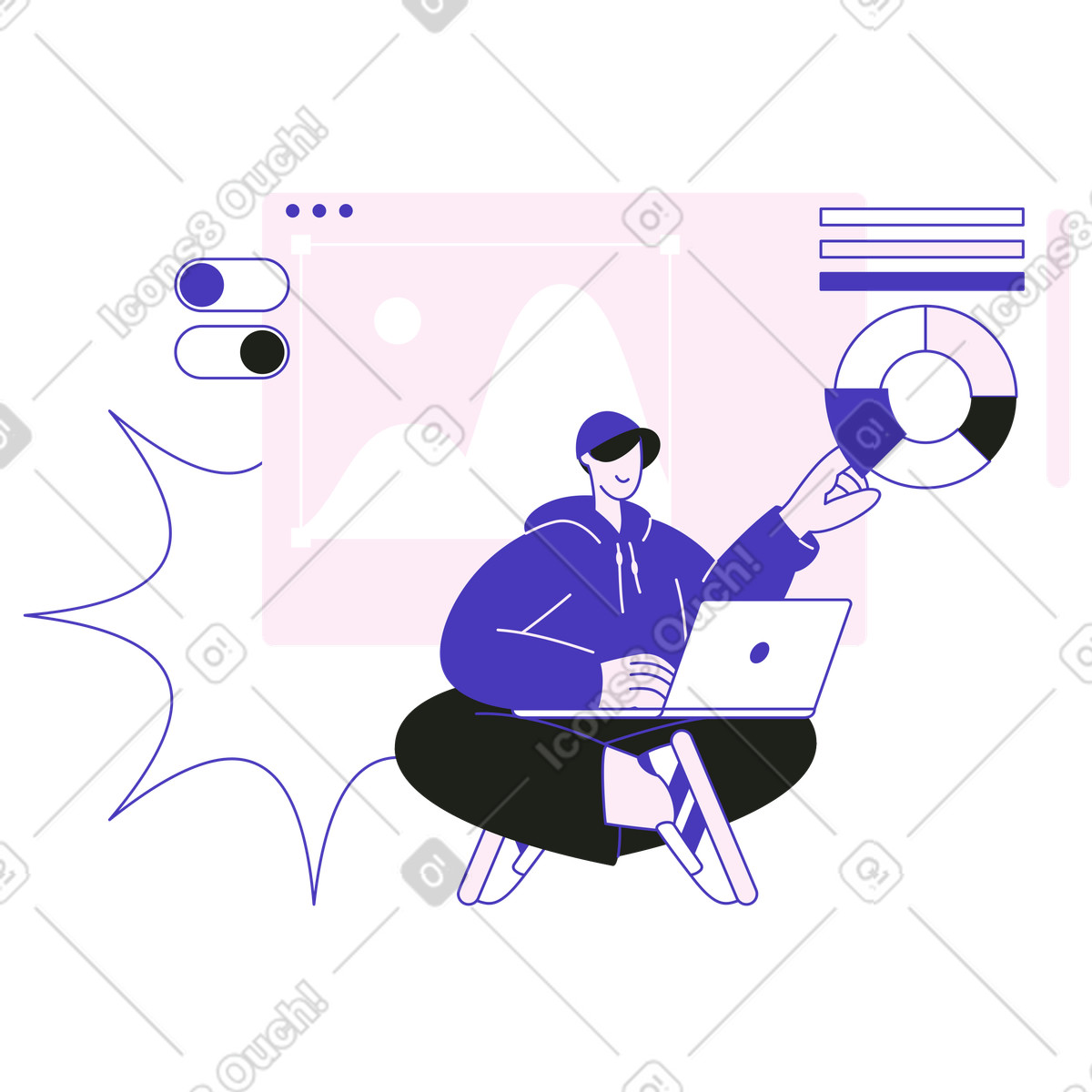 Mann im blauen kapuzenpullover arbeitet an website-design-Illustration Blueberry-Stil als Download in PNG, SVG