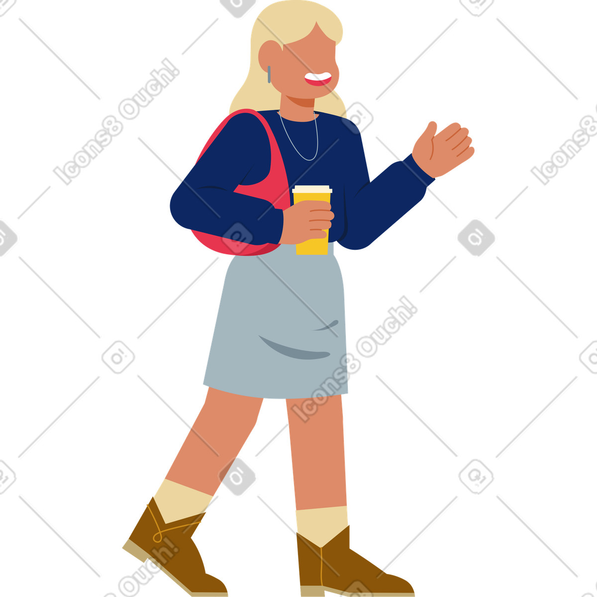 Ilustración Mujer joven caminando y diciendo algo en estilo Catchy a descargar en PNG SVG
