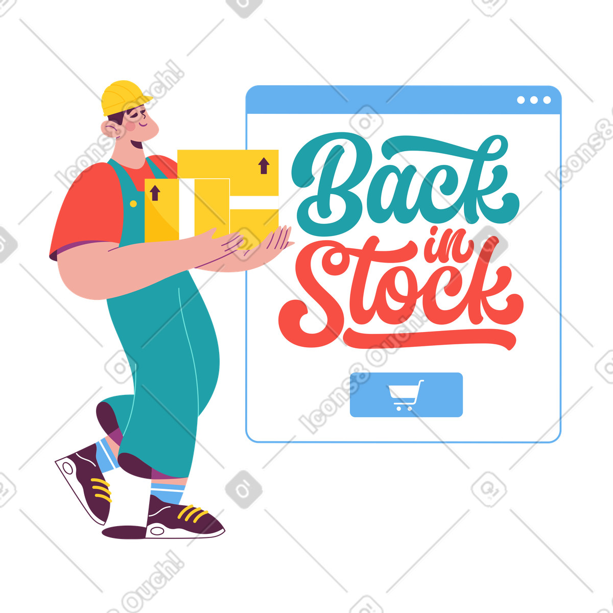 Ilustración Lettering back in stock con un hombre del almacén en estilo Sammy a descargar en PNG y SVG
