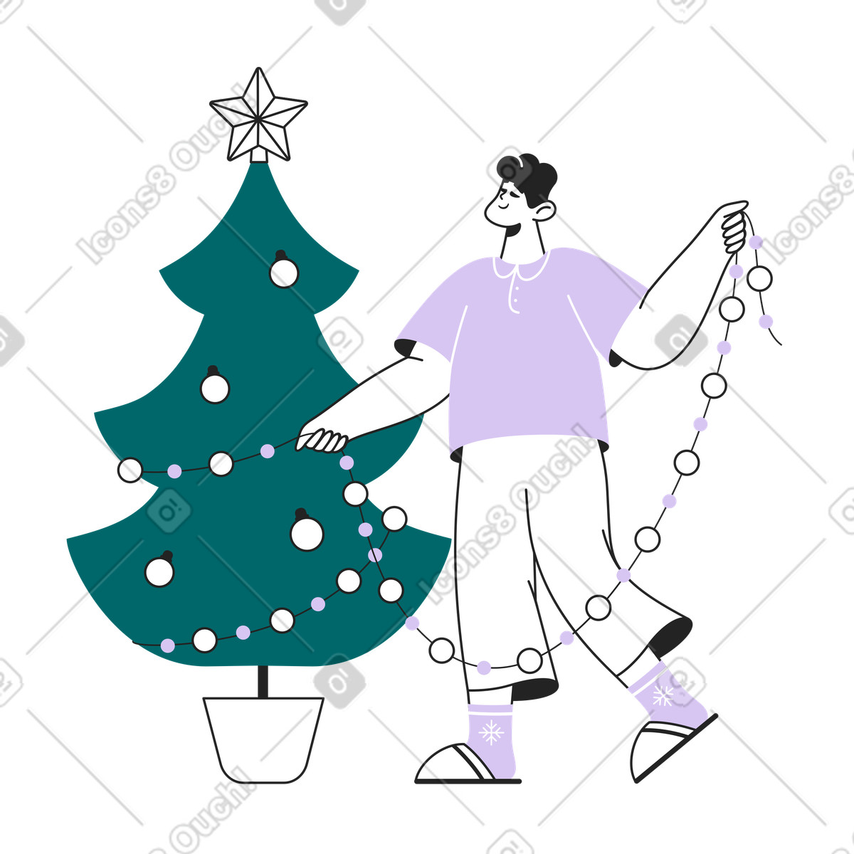 Guy decora l'albero di natale illustrazione in stile Sammy Line scarica in PNG, SVG