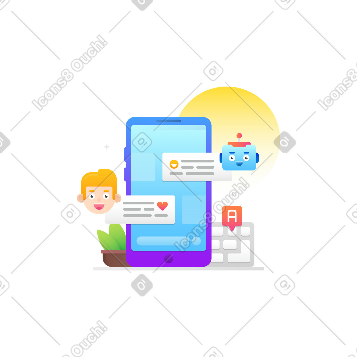 Chatbot coversation with humans illustration in Hugo style download in PNG, SVG