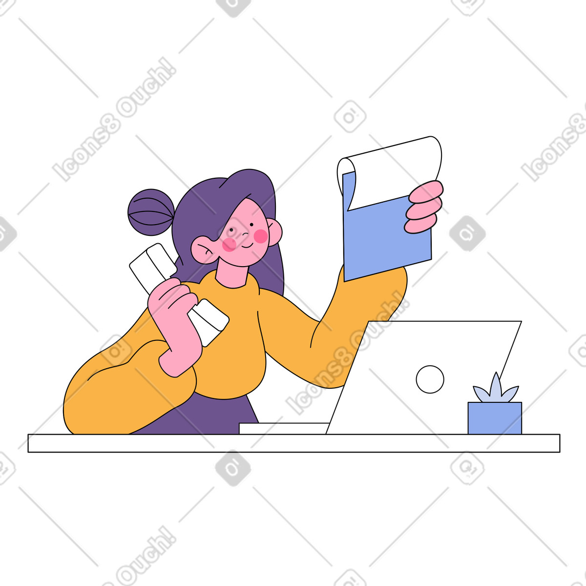 Ilustração animada de Mulher trabalhando no computador e conversando por telefone em GIF, Lottie (JSON), AE