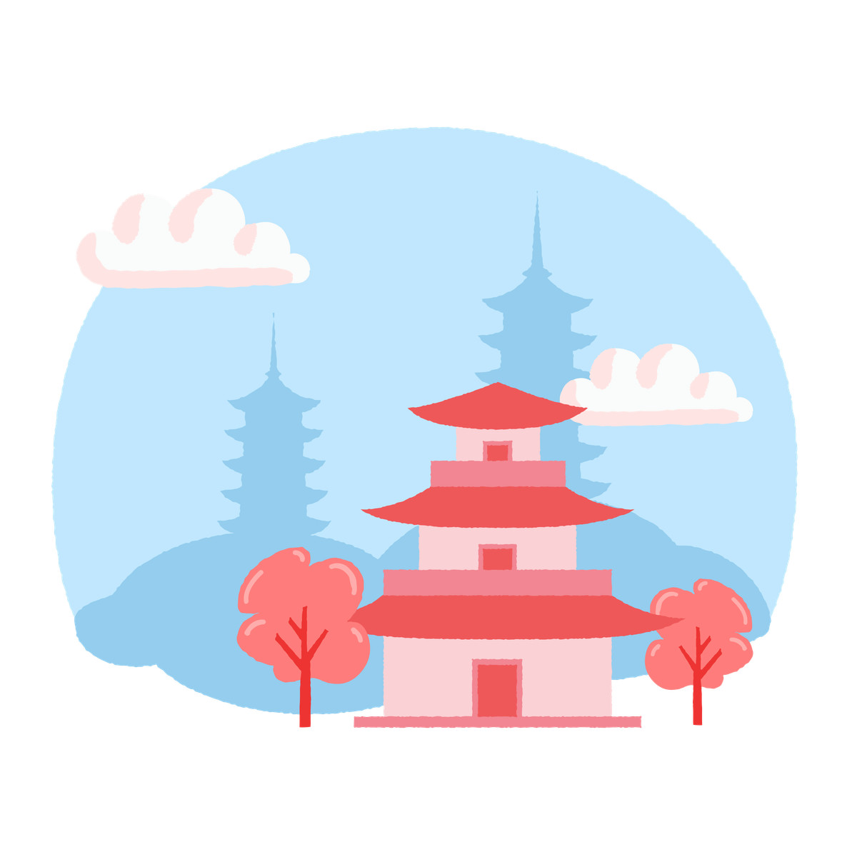 Landscape with a japanese castle illustration in Cherry style download in PNG, SVG