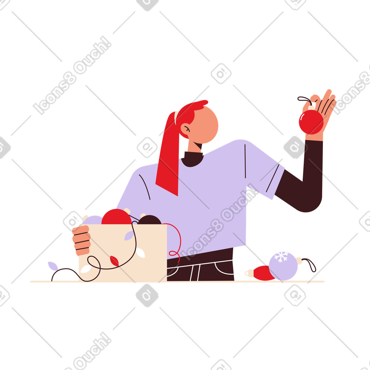 Sorting Christmas ornaments at table, Holiday decoration preparation-Illustration im Folks-Stil als Download in PNG, SVG