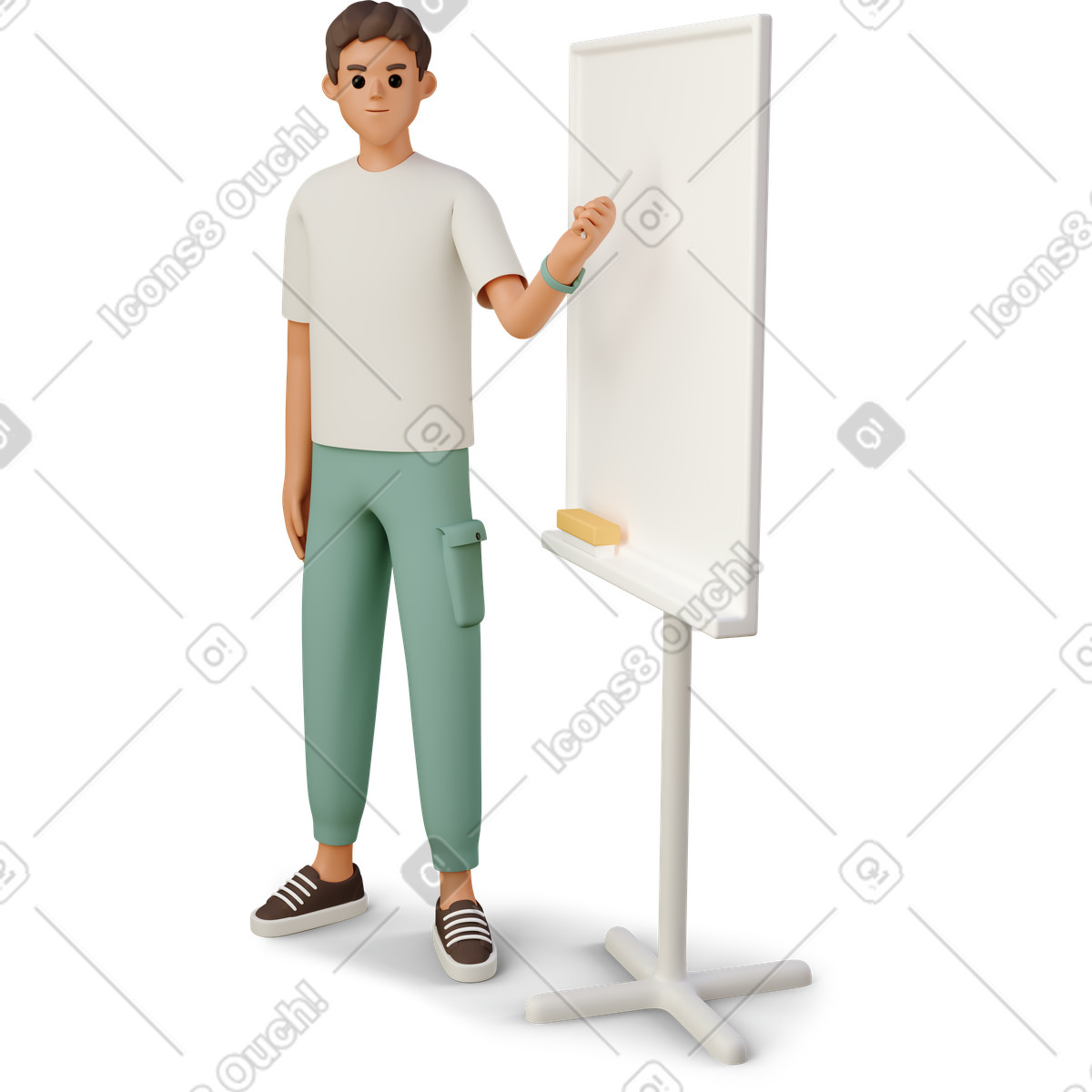 Young man explaining lesson material illustration with teaching clipart next to a whiteboard in PNG