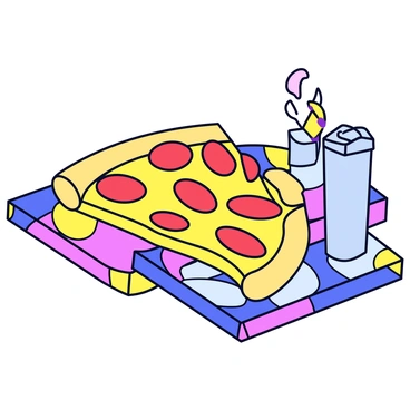 A small metallic lighter placed next to a slice of pepperoni pizza on a colorful party table. The pizza has a golden crust, melt-in-your-mouth cheese, and vibrant red pepperoni slices. The table is adorned with a festive tablecloth featuring bright colors and fun patterns.