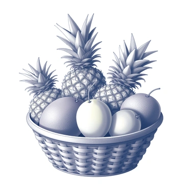 A vibrant basket filled exclusively with tropical fruits like pineapples, mangoes, and coconuts