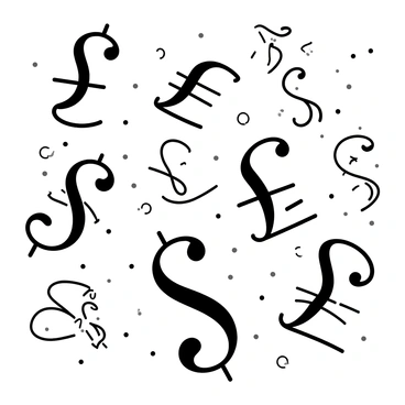 A collection of various currency symbols including "$", "€", "£", and "¥" arranged in an inventive and dynamic layout. Each symbol is designed with intricate linework and distinct features. The composition includes overlapping and interlinked symbols to create visual interest. The background is filled with decorative patterns that enhance the overall presentation of the currency symbols. The arrangement showcases a harmonious balance among the different shapes and sizes of the symbols.