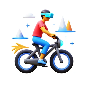 A person using virtual reality glasses while riding a smart bike, experiencing a virtual world