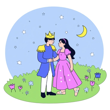A prince wearing a royal blue tunic and a golden crown stands beside a princess dressed in a flowing pink gown adorned with silver stars. They are gazing into each other's eyes, surrounded by a lush green meadow. Above them is a clear night sky filled with twinkling stars and a glowing crescent moon. The landscape features delicate flowers and softly swaying grass. The scene is outlined in fine ink, with intricate details highlighting their expressions and the gentle breeze flowing through the scene.