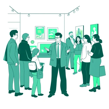 A teal curator is standing in an art museum, gesturing animatedly while explaining the significance of each piece of art. The curator is wearing a formal outfit and glasses, with a name tag visible on their jacket. Surrounding them are various artworks displayed on white walls, including colorful paintings and intricate sculptures. A group of visitors, diverse in age and background, is attentively listening and observing the art. Some visitors are taking notes or pointing at specific artworks, while others are engaged in quiet conversation. Bright museum lights illuminate the scene, highlighting the artworks and creating a vibrant atmosphere.