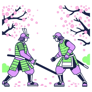 Two samurai warriors in traditional armor are positioned facing each other, ready for battle. The first samurai stands on the left, wearing intricately designed armor with layered plates and a helmet featuring a crest. His grip is firm on a katana, which is raised slightly, reflecting the surrounding light. The second samurai, located on the right, is also dressed in traditional armor, striking a defensive posture with his sword lowered, showcasing a contrasting design. Pink cherry blossom petals are gently falling around them, creating a scenic backdrop. The ground beneath them is scattered with these petals, adding depth to the setting. In the background, there are several cherry blossom trees with branches laden with blossoms, enhancing the atmosphere of the confrontation.