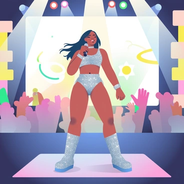 Chappell Roan is standing center stage, energetically performing with a microphone in hand. She has long, flowing dark hair and is wearing a sparkly silver outfit that reflects the bright stage lights. The concert stage is illuminated with multi-colored spotlights creating a vibrant atmosphere. In the background, a dynamic crowd is visible, with fans cheering and waving their hands. A large screen behind her displays colorful graphics that pulse to the rhythm of the music. The overall scene conveys excitement and energy, highlighting Chappell Roan’s captivating performance.