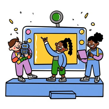A group of three children are standing on a futuristic stage, surrounded by high-tech displays and bright lights. One child, with light skin and short brown hair, is holding a small robot that lights up and moves. Another child, with dark skin and braided hair, is pointing excitedly at a large screen showcasing their robot's features. The third child, with medium skin and curly hair, is typing on a tablet, monitoring the robot's performance. Each child is wearing matching futuristic outfits with glowing accents, and they are smiling with enthusiasm as they engage the audience with their demonstration.