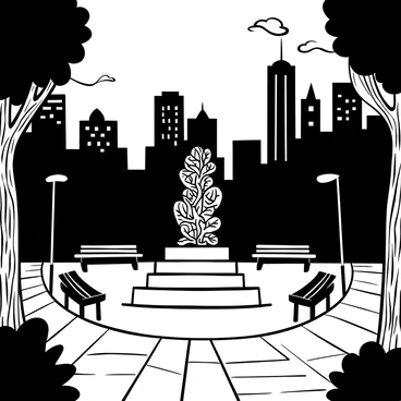 An urban plaza at dusk filled with shadows and silhouettes of skyscrapers. A large, intricate sculpture is positioned at the center, with lights highlighting its details. Several benches surround the sculpture, and trees with detailed bark texture are placed around the plaza. The ground is paved with bricks, leading to pathways that connect various areas of the plaza. Street lamps cast soft light, creating a contrast against the darkening sky.