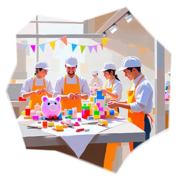 A whimsical factory line is bustling with activity as workers joyfully assemble colorful toys. Each worker has a bright smile and is wearing playful uniforms in various pastel colors. The assembly line features an array of vibrant toys, including plush animals, building blocks, and dolls, each meticulously crafted and full of character. Large windows allow sunlight to stream in, illuminating the cheerful atmosphere of the factory. Colorful tools and materials are scattered across the workstations, creating a lively and engaging environment. In the background, banners with cheerful designs hang from the ceiling, enhancing the playful ambiance of the scene.