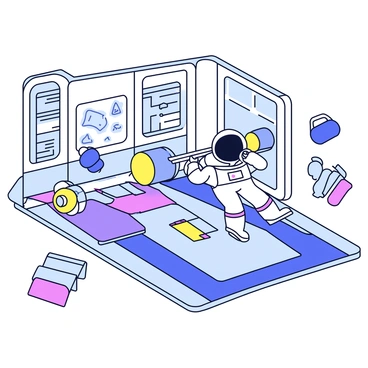 An astronaut in a fitted space suit is performing a bench press inside a gym located within a space station. The astronaut's arms extend upward, pushing a barbell in a weightless environment. Various gym equipment can be seen floating around, including dumbbells and exercise mats. The walls of the space station are lined with panels and screens displaying information. Small items, like water bottles and towels, drift nearby due to the zero gravity. The overall scene captures the unique experience of exercising in space.