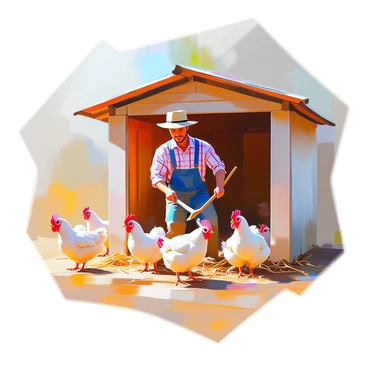 A farmer with light skin and a straw hat is cleaning out a chicken coop. He is wearing overalls and a plaid shirt, holding a pitchfork in one hand as he moves straw and debris. Surrounding him are several playful hens, flapping their wings and pecking at the ground. The coop is made of wood, with a slatted roof, and there are patches of hay scattered around. Sunlight filters through the coop, illuminating the scene.