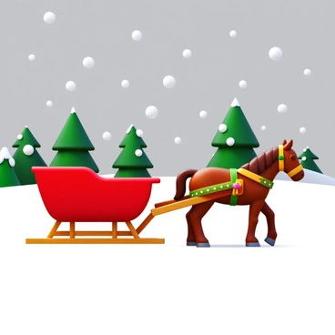 A horse-drawn sleigh gliding through a snow-covered field. The sleigh is bright red with wooden runners and is adorned with festive decorations. The horse is a strong brown stallion, wearing a decorative harness. Snowflakes are falling gently from a gray sky, blanketing the ground in white. In the background, tall evergreen trees stand covered in snow, creating a wintery landscape.