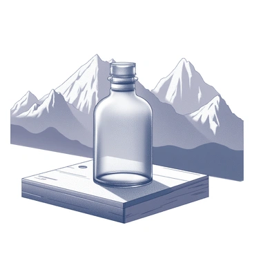 A rustic glass flask is positioned prominently on a wooden table. The flask has a textured surface, showcasing its vintage character. The wooden table displays visible grains and knots, highlighting its natural material. In the background, a breathtaking mountain range rises majestically, with sharp peaks and rocky cliffs. The mountains are detailed, showing slopes and ridges that create depth and interest in the scene. The contrast between the clear glass of the flask and the rugged terrain adds to the composition's visual appeal.