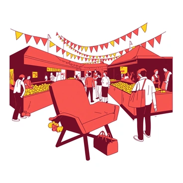 A red love chair is positioned prominently in the center of a bustling marketplace filled with various market stalls. The stalls display an array of vibrant fruits and vegetables in shades of yellow and orange, attracting the attention of the crowd. People of diverse backgrounds and ages are interacting, some carrying shopping bags, while others are engaged in lively conversations. In the background, there are colorful banners fluttering in the air, adding to the lively atmosphere of the market scene. The love chair stands out as a cozy spot among the activity, inviting couples to sit and enjoy the vibrant surroundings.