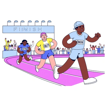 A minimalistic cartoon illustration of a race track during a competitive sprint. In the foreground, "Jesse Owens" is depicted in mid-stride, wearing a light blue racing uniform with a number on the front. His expression shows determination as he pushes forward. In the background, two other runners are closely trailing, portrayed in contrasting colored uniforms. The finish line is visible ahead, marked by a large banner reading "FINISH." The crowd in the stands can be seen cheering, represented by simple stick figures with raised arms.
