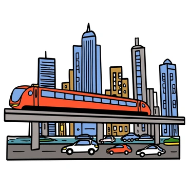An elevated train with a sleek design is moving along its tracks high above the ground. The train is a vibrant shade of red, reflecting the sunlight as it glides past. In the background, a row of tall skyscrapers dominates the skyline, with glass windows glinting in the light. The buildings vary in design, showcasing a mix of modern architecture and classic styles. Below the train, busy streets are filled with cars and pedestrians, capturing the lively atmosphere of the city.
